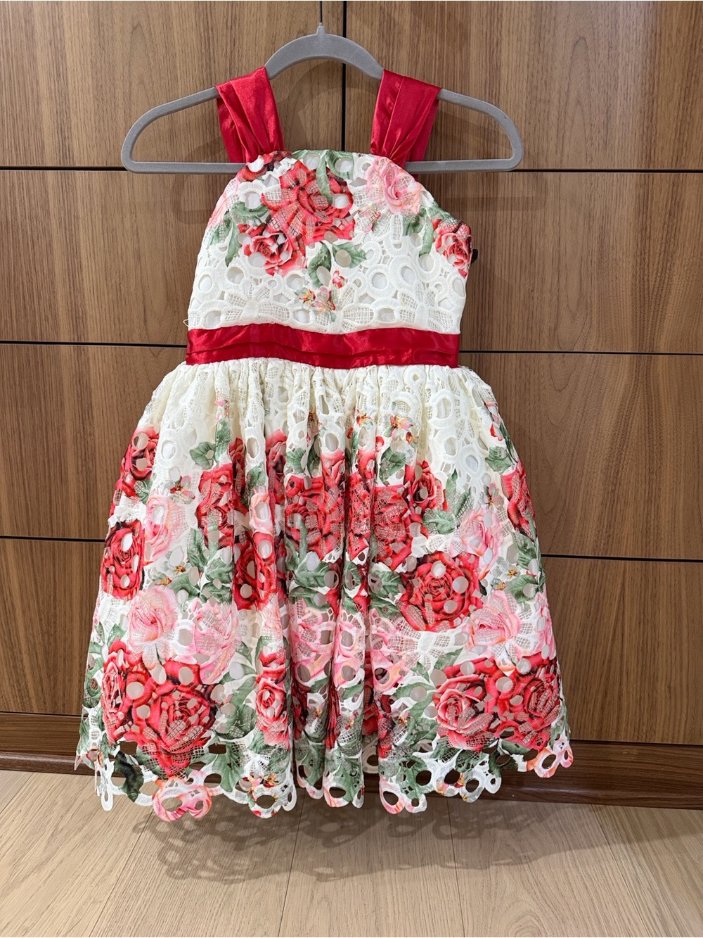 Chasing Fireflies Red & White Floral Lace Girls' Party Dress